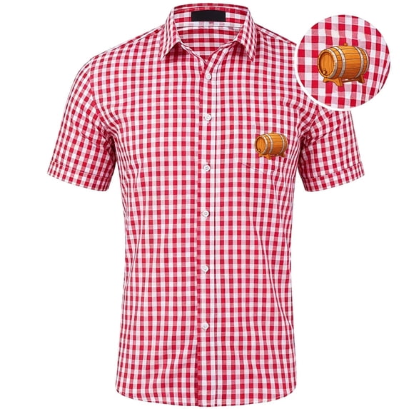 Kiijoy Boy Oktoberfest Short Sleeve Plaid Shirt Summer Button Down Shirt, Red, 11-12 Years