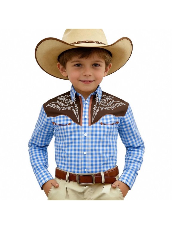 Boy Western Cowboy Shirt Vintage Button Down Long Sleeve Shirt Top, Blue, 5-6 Years