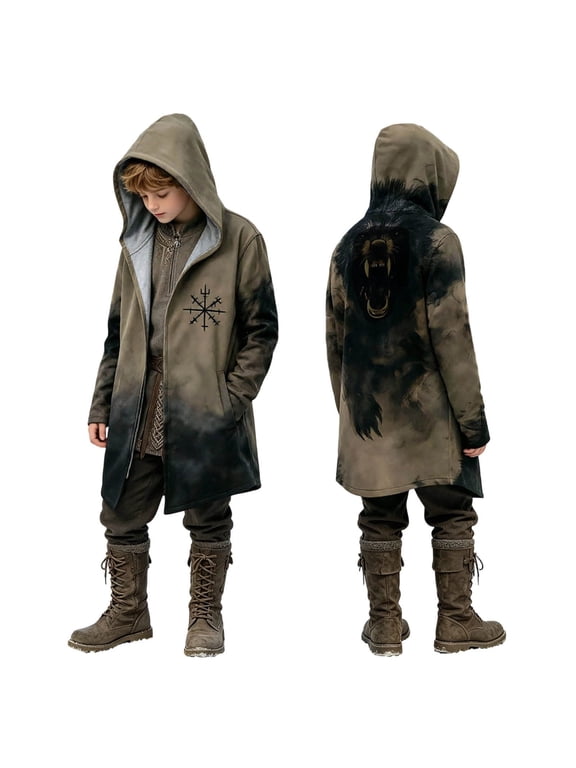 Boy's Halloween Long Jacket Fantasy Hooded Pocket Cardigan Coat, Khaki, 4-5 Years