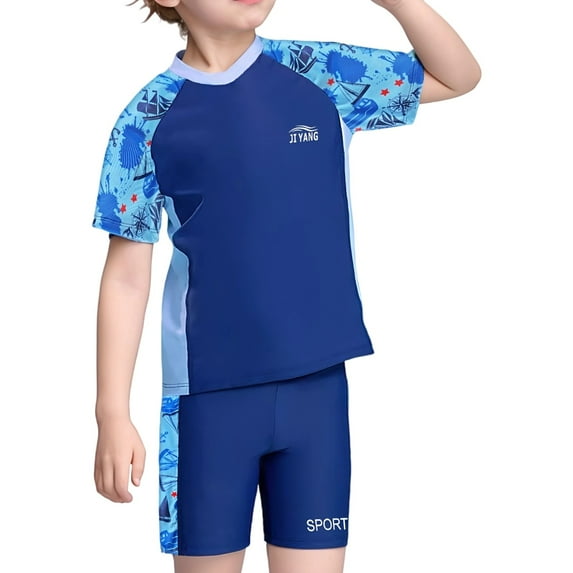 Kiijoy Boys 2-Piece Short Sleeve Rash Guard Swim Shorts Swimsuit Bathing Suit, Sizes 7-8