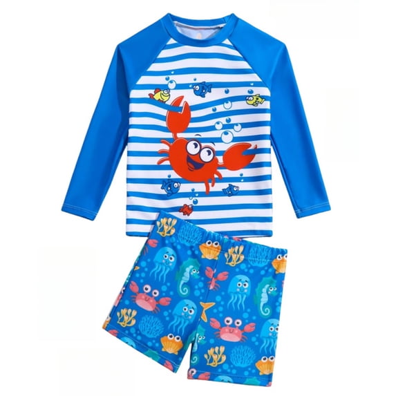 Kiijoy Boys 2 Piece Swimsuits Long Sleeve Rash Guard Swim Shorts Bathing Suits, Sizes 3-7