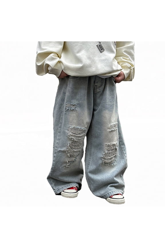 Boys Baggy Distressed Ripped Jeans Fashion Straight Leg Denim Pants, Sizes 18-24 Months