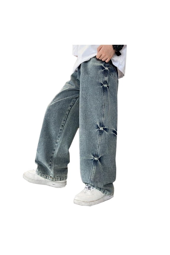 Boys' Baggy Jeans Casual Pull On Wide Leg Denim Pants with Pockets, Sizes 9-10
