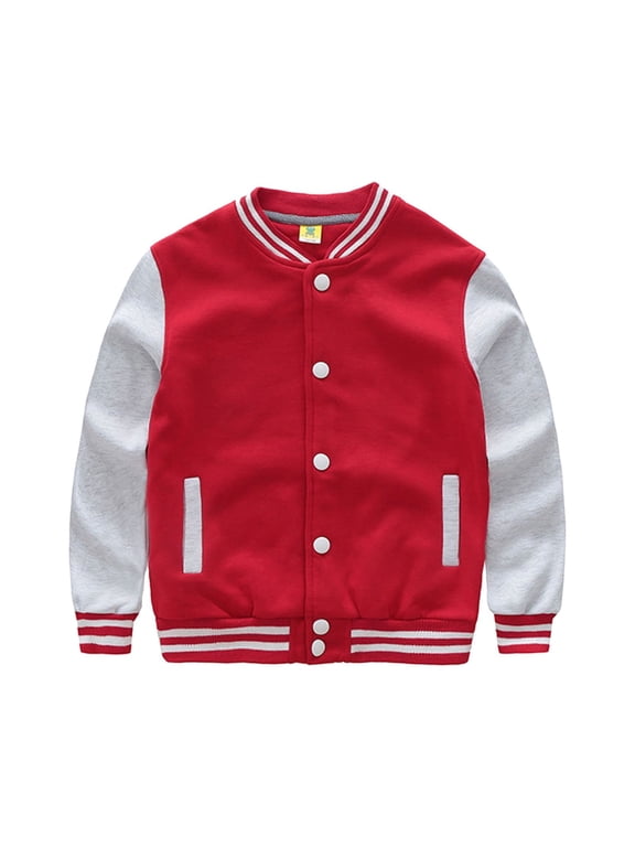 Boys Baseball Jacket Color Block Sweatshirt Casual Varsity Jackets, Red, 7-8 Years