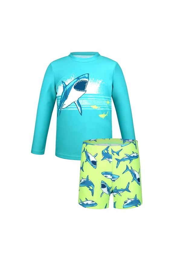 Boys Bathing Suit Shark Print Quick Dry Rash Guard Swimsuits, 2-Piece, Sizes 3-7