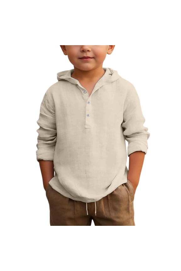 Boys Beach Linen Hoodie Shirt Lightweight Solid Long Sleeve Hooded Shirt, Sizes 4-17