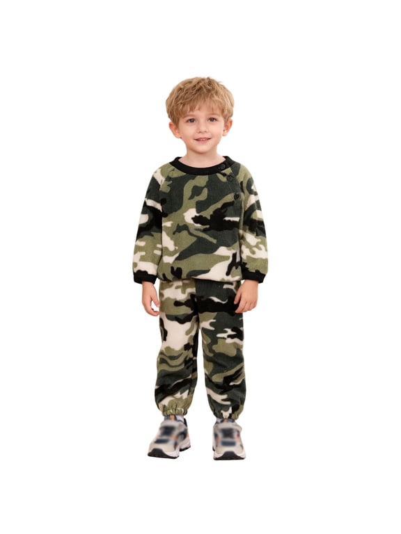 Boys Camo Print Outfits Casual Crewneck Sweatshirt Joggers Set, Sizes 2-7