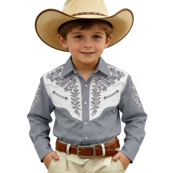 Kiijoy Boys Cowboy Long Sleeve Shirt Embroidery Party Cowboy Button-Down Shirt, Sizes 4-13