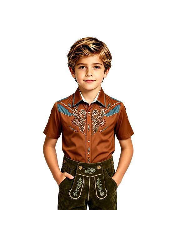 Boys Cowboy Short Sleeve Button Down Shirt Western Casual Shirt Top, Brown, 7-8 Years