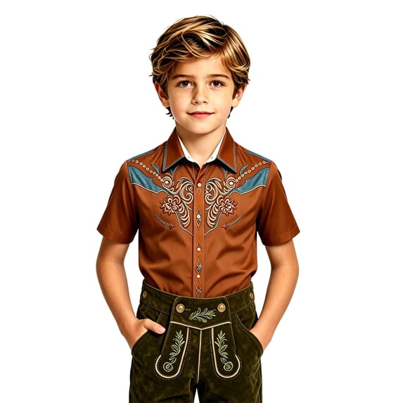 Kiijoy Boys Cowboy Short Sleeve Button Down Shirt Western Shirt Top, Brown, 11-12 Years