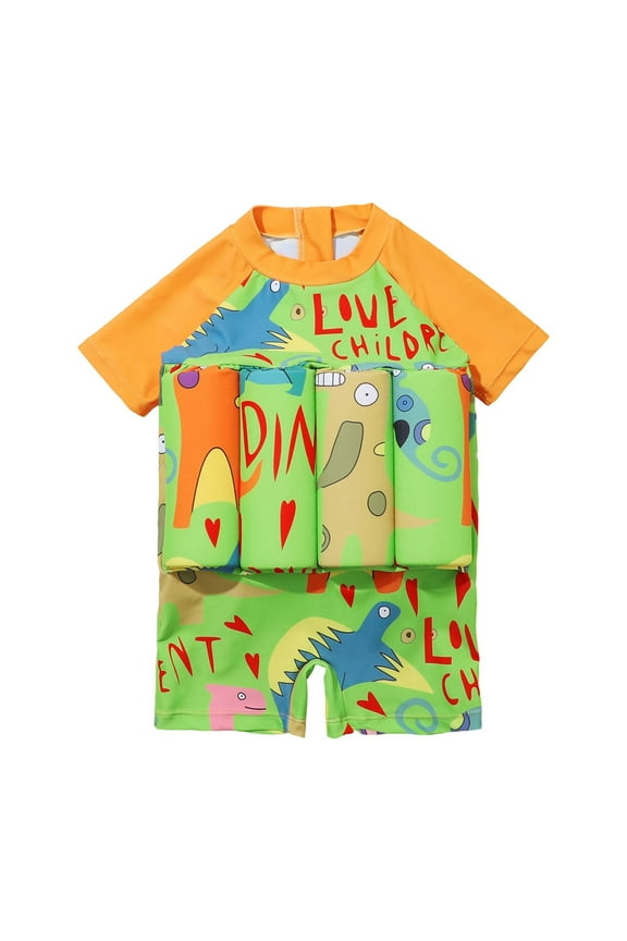 Boys Cute Cartoon Buoyancy Swimsuit Short Sleeve Rash Guard for Swimming Training, Sizes 18-24 Months