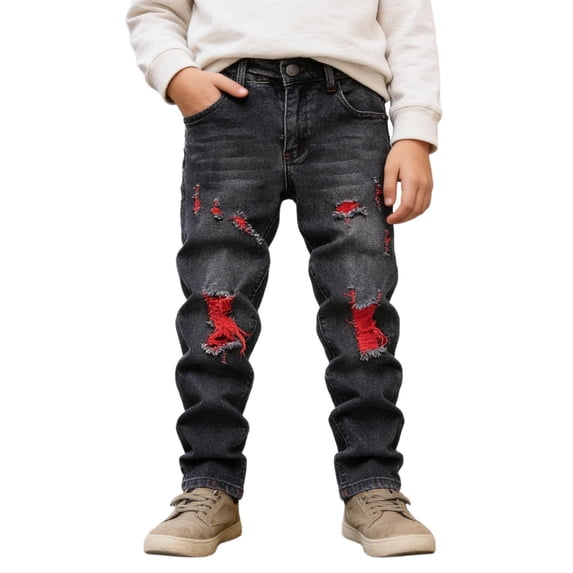 Kiijoy Boys Distressed Ripped Jeans Straight Leg Stretch Denim Trousers, Sizes 9-10
