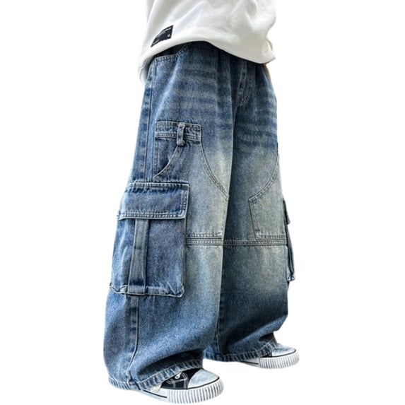 Kiijoy Boys Fashion Wide-Leg Cargo Jeans Distressed Elastic Waist Denim Pants, Sizes 4-12
