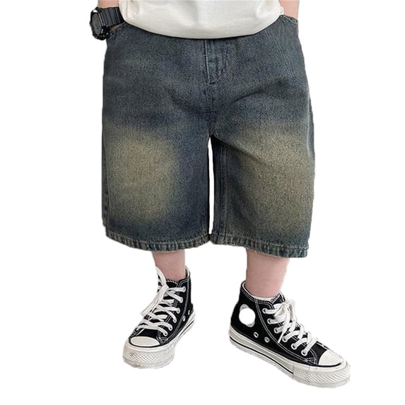 Kiijoy Boys Fashion Wide-Leg Denim Shorts Kids Vintage Elastic Waist Jorts, Sizes 2-3