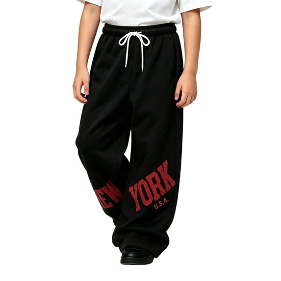 Kiijoy Boys Fashion Wide Leg Sweatpants Letter Graphic Active Pants, Black, Sizes 4-15
