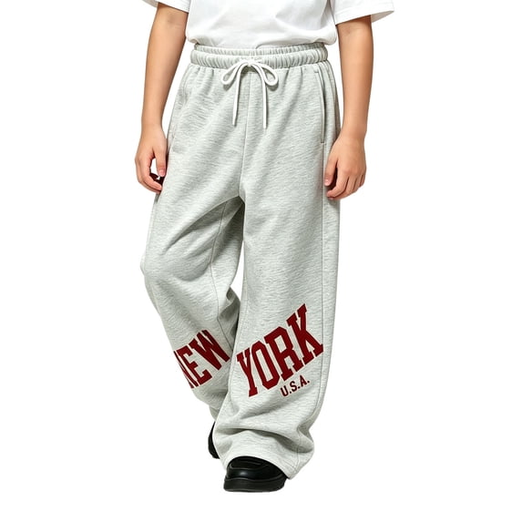 Kiijoy Boys Fashion Wide Leg Sweatpants Letter Graphic Active Pants, Grey, Sizes 4-15