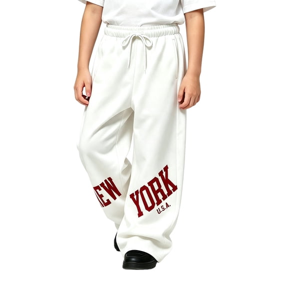 Kiijoy Boys Fashion Wide Leg Sweatpants Letter Graphic Active Pants, White, Sizes 4-15