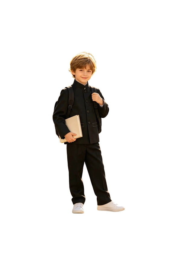 Boys Formal Outfits 2-Piece Mandarin Collar Suit Black Button-Up Shirt Pants Set