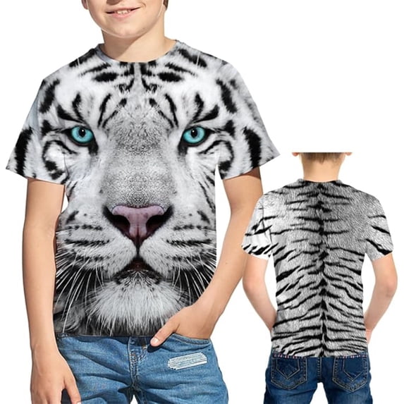 Kiijoy Boys Funny Tiger Graphic Tee Short Sleeve Round Neck T-Shirt, White, Sizes 2-3