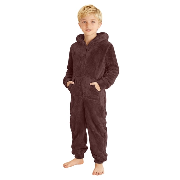 Kiijoy Boys Girls Fuzzy Hooded Jumpsuit Winter Warm Soft Romper Onesies, Size 1-12