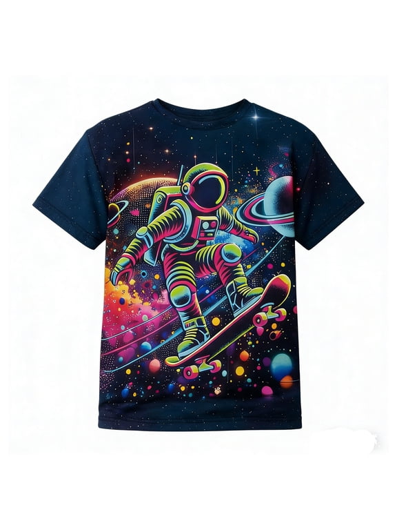 Boys Graphic Tee Astronaut Print Short Sleeve Crew Neck T-Shirt for Kids, Sizes 13-14