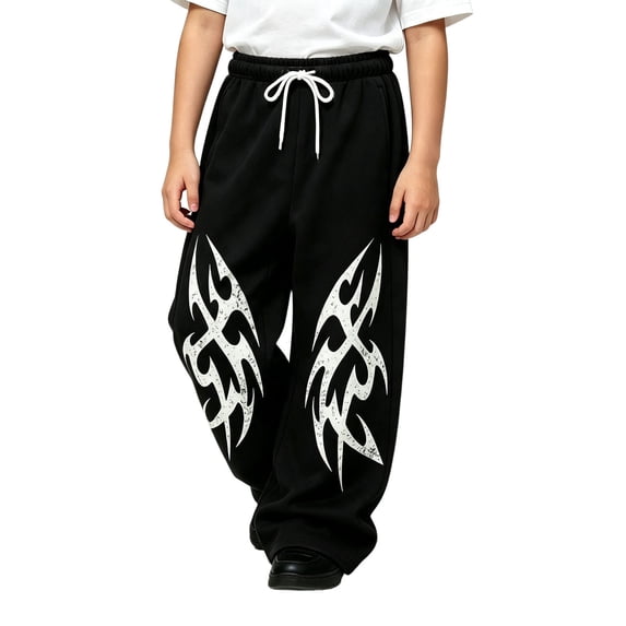 Kiijoy Boys Graphic Wide-Leg Sweatpants Baggy Drawstring Active Pants, Black, Sizes 4-15