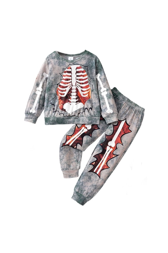 Boys Halloween Outfits Skeleton Print Sweatshirt Jogger Pants Sweatsuit, Sizes 2-3