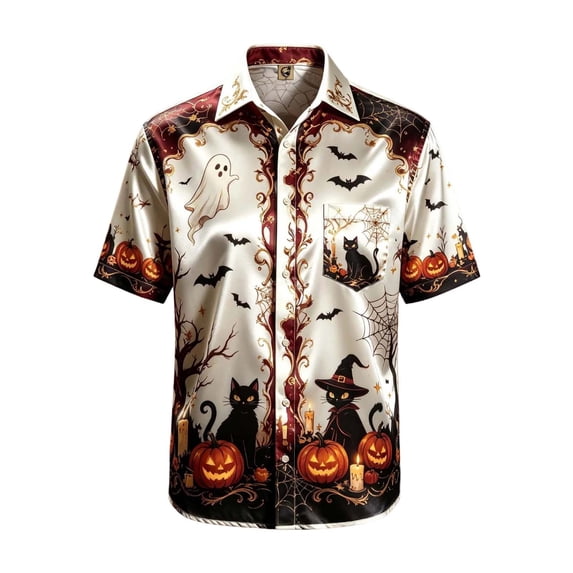 Kiijoy Boys Halloween Party Shirt Kids Button Down Short Sleeve Shirt, White, Sizes 4-14