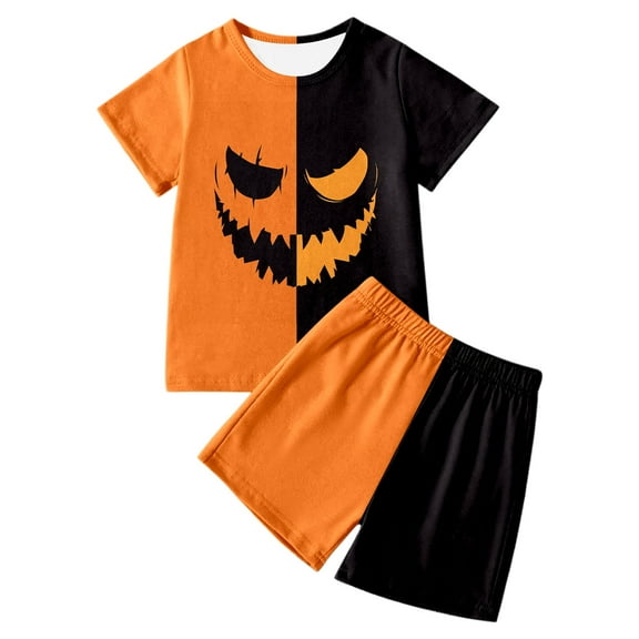 Kiijoy Boys Halloween Pumpkin Outfits Color Block Short Sleeve T Shirt and Shorts Set, Sizes 4-5T