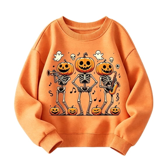 Kiijoy Boys Halloween Sweatshirt Pumpkin Skeleton Crewneck Pullover, Orange, Sizes 4-5T