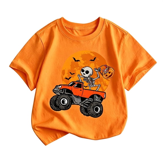 Kiijoy Boys Halloween T Shirt Graphic Tee Kids Short Sleeve T-Shirt, Orange, Sizes 10-11