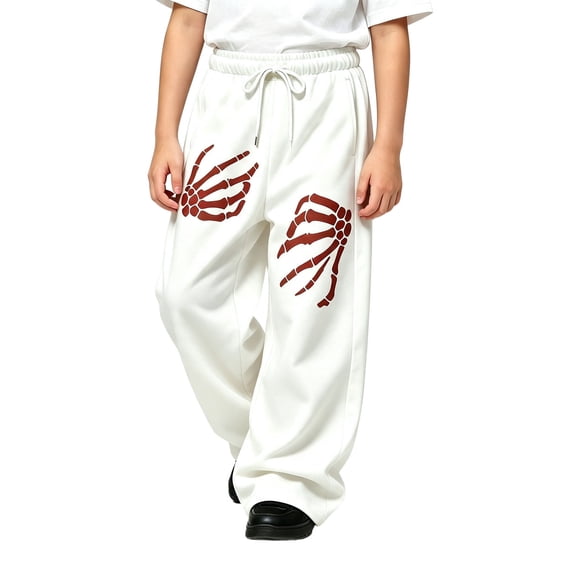 Kiijoy Boys Halloween Wide Leg Sweatpants Skeleton Print Active Pants, White, Sizes 4-15