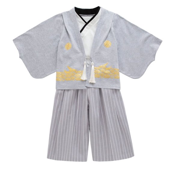Kiijoy Boys Japanese Kimono Set Role Play Jinbei Haori Outfit with Striped Hakama Pants