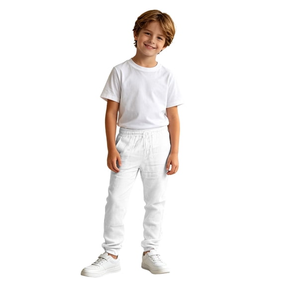 Kiijoy Boys Linen Pants Elastic Waist Summer Pants Casual Lightweight Slacks, White, Sizes 9-10
