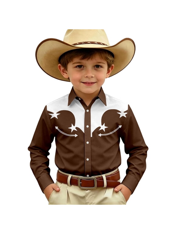 Boys Long Sleeve Cowboy Shirt Kids Western Party Button Up Shirt Top, Brown, 6-7 Years