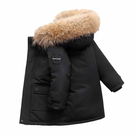 Kiijoy Boys Mid Length Padded Jacket Overcoat Hooded Padded Coat Outerwear, Black, 5-6 Years