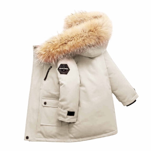 Kiijoy Boys Mid Length Padded Jacket Overcoat Hooded Padded Coat Outerwear, White, 7-8 Years