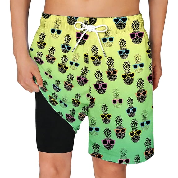 Kiijoy Boys Pineapple Print Swim Trunks with Compression Liner Beach Shorts, Sizes 5-16