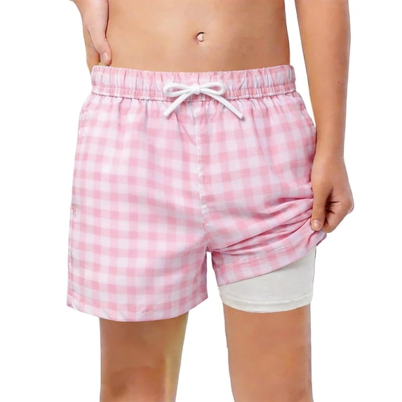 Kiijoy Boys Plaid Compression Liner Swim Trunks Quick Dry Beach Board Shorts, Sizes 5-6