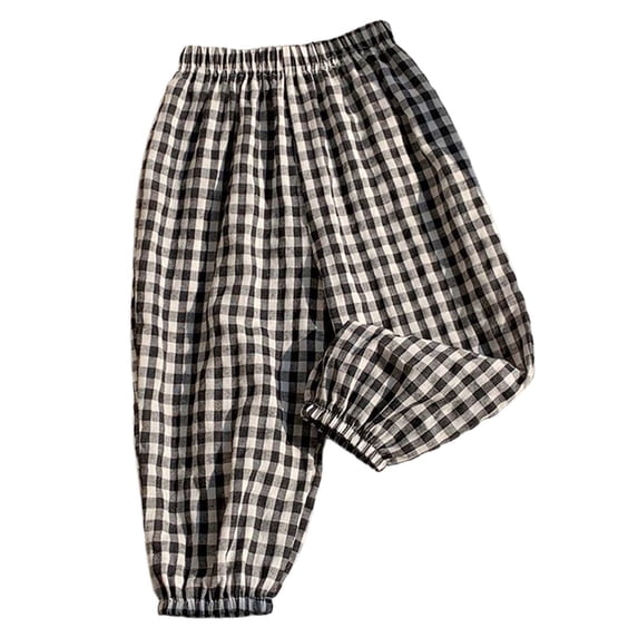 Kiijoy Boys Plaid Linen Pants Casual Lightweight Pull On Baggy Pants, Black, Sizes 12M-6Y