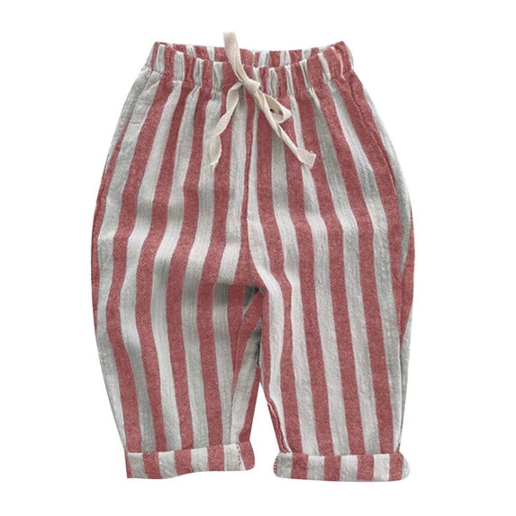Kiijoy Boys Pull-On Striped Summer Pants High Rise Baggy Lightweight Pants, Red, Sizes 5-6