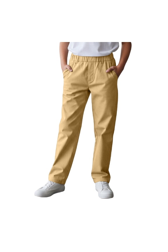 Boys School Uniform Pants Stretch Pull On Straight Fit Twill Trousers, Khaki, Sizes 6-7