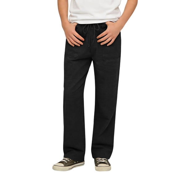 Kiijoy Boys Straight Leg Linen Pants Casual Solid Breathable Drawstring Pant, Sizes 16-17