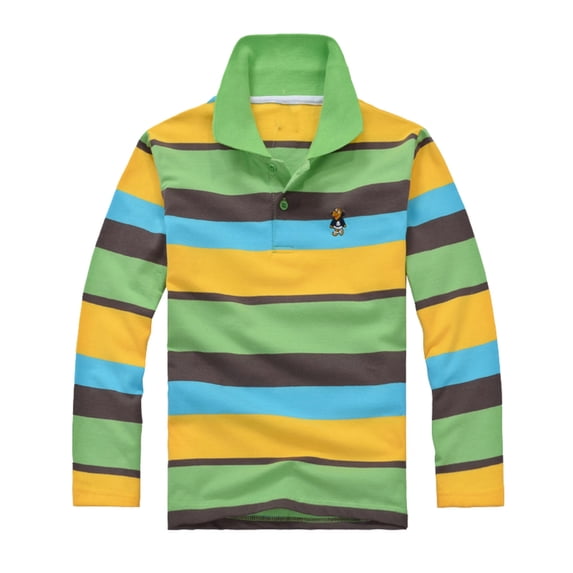 Kiijoy Boys Striped Long Sleeve Polo Shirt Top Sports Collared Polos, Green, 12-13 Years