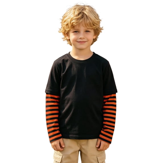 Kiijoy Boys Striped Long Sleeve T-Shirt Spring Fall Casual Round Neck Tshirt, Orange, Sizes 5-6