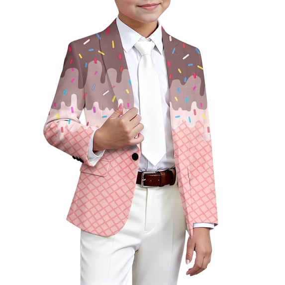 Kiijoy Boys Suit Jacket Party Cute Ice-Cream Print Lapel Blazer Coat, Brown, 7-8 Years
