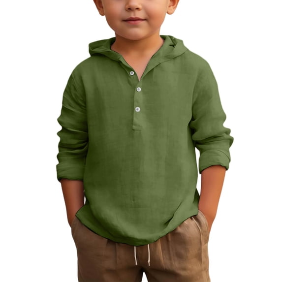 Kiijoy Boys Summer Hooded Shirt Breathable Long Sleeve Button Up Beach Shirt, 10-11 Years