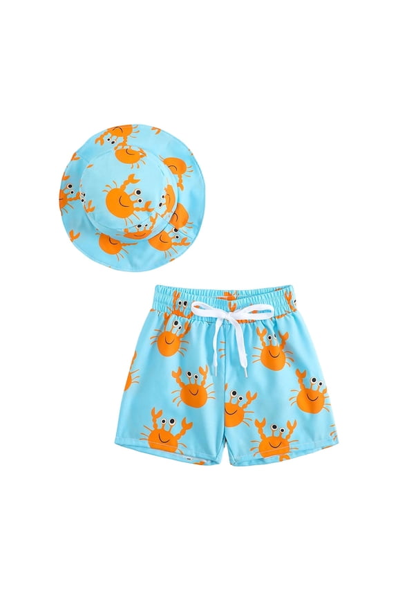 Boys Swim Trunks Cute Cartoon Crab Print Swim Shorts with Sun Hat Bathing Suit, Sizes 6-9 Months