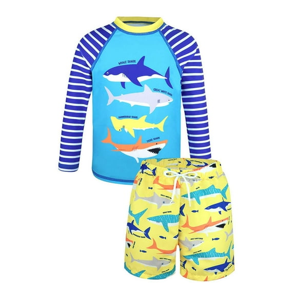 Kiijoy Boys Swimsuit Shark Print Long Sleeve Swim Shirt & Shorts Bathing Suit, Sizes 3-7