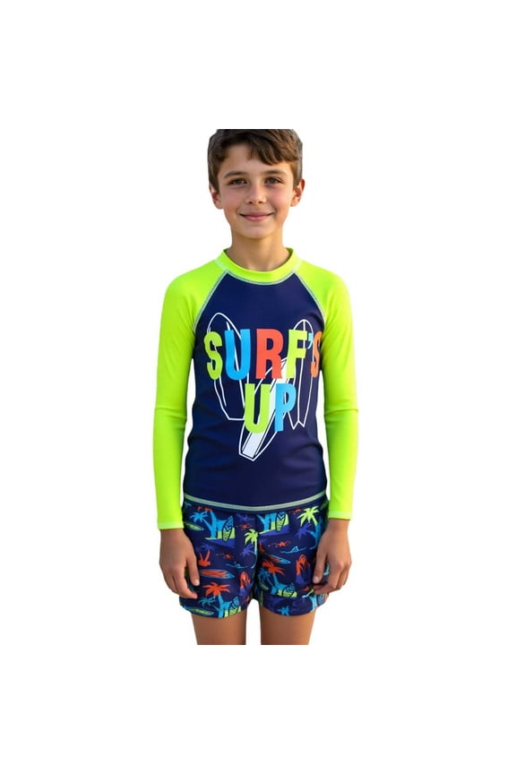Boys Swimsuit UPF 50+ Long Sleeve Rash Guard Board Shorts Swimwear Set, Sizes 7-12